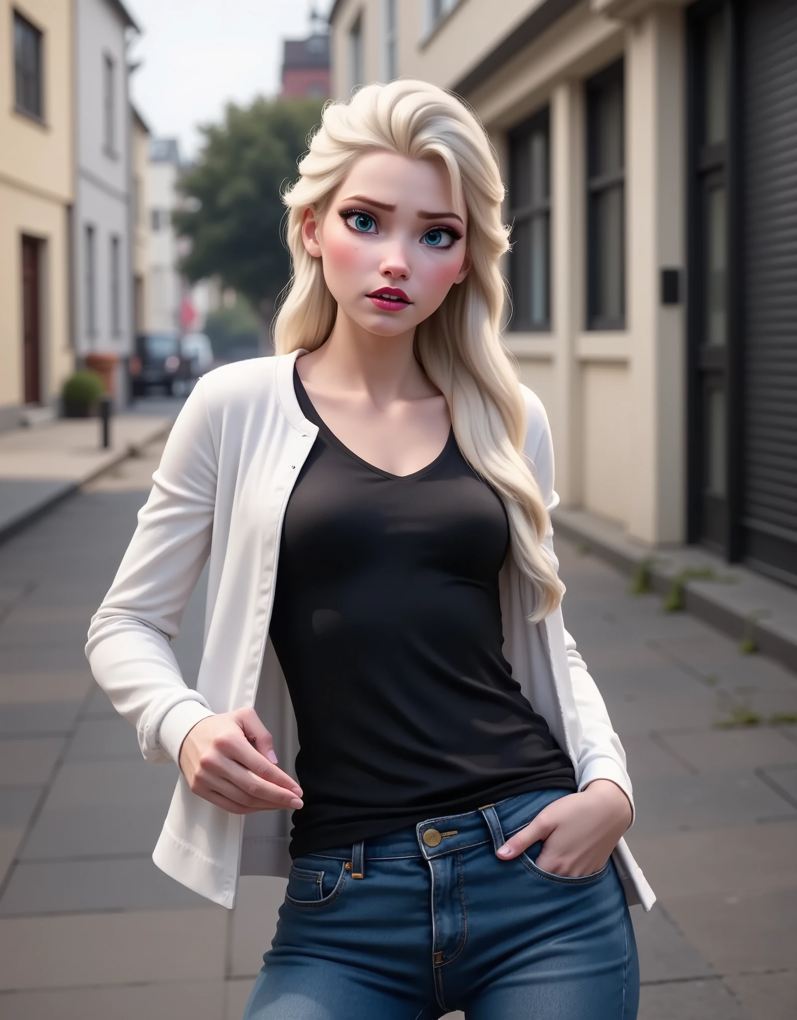 Elsa has a black shirt and white jacket, And she's wearing jeans..Get out