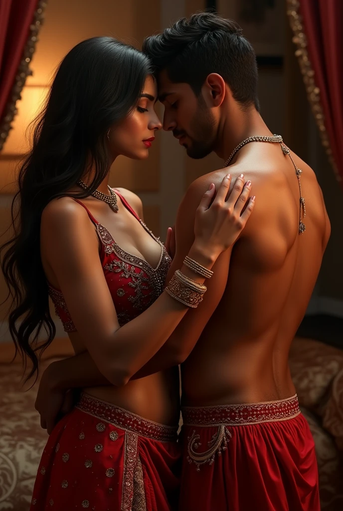 A 1 Indian boy named Nitesh and a 1 Indian girl named Shidhika, a stunning and passionate couple on their honeymoon. The names 'Nitesh' and 'Shidhika' are elegantly displayed clearly on each other's attire or subtly inscribed on their bodies, They stand close together, sharing a warm, romantic moment at on a beautiful Bedroom. 4K quality, lovely, hot, Sexy and romantic couple." Girl Wearing a hot Indian Sarri look like transparent.