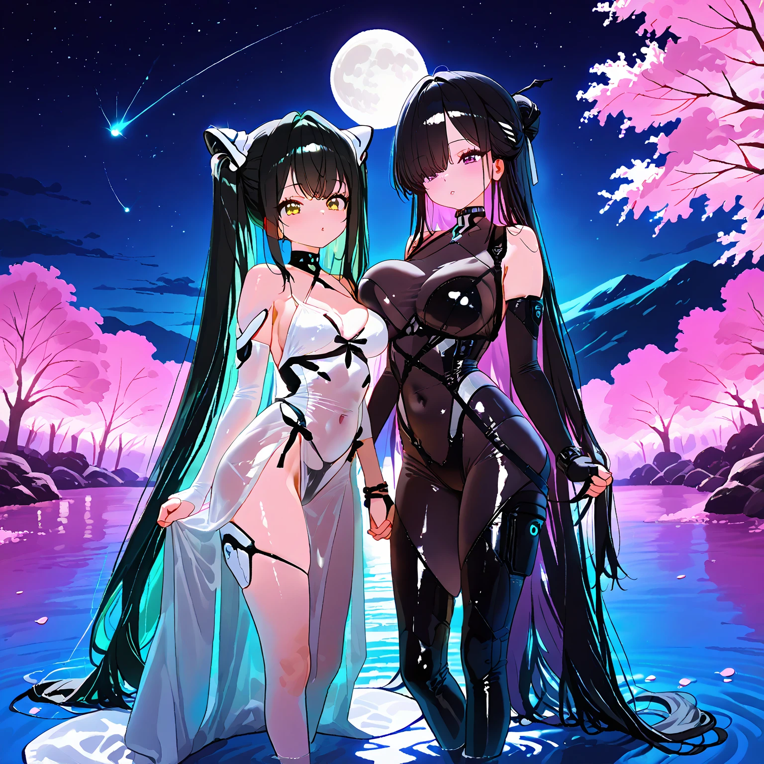 masterpiece, high resolution, high quality, open-air bath, night, 2 girls, (bath towel, purple hair ornament, big, cat ears, red eyes, black hair, ponytail), seduction, (bath towel, red hair ornament, big, cat ears, yellow eyes, white hair, twin tails), hehku, kissing