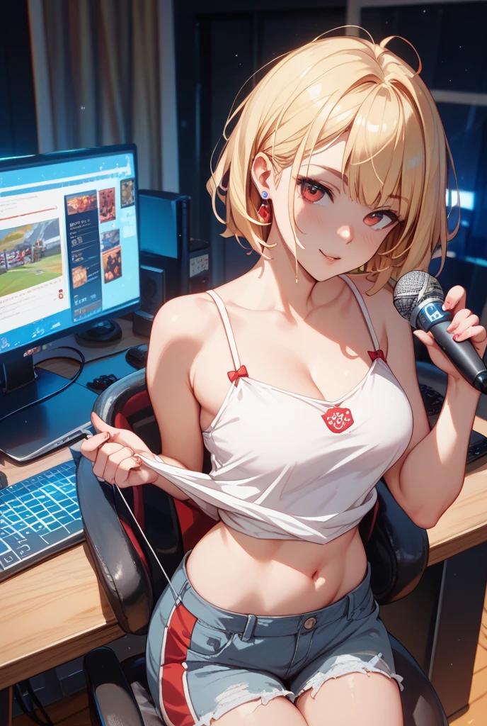 (masterpiece, best quality:1.4), ultra-detailed, soft light, natural lighting, cinematic light, film grain, (depth of field), (1woman, solo:1.4), mature woman, perfect female form, (perfect face, detailed face, glossy lips, eyeliner), short hair, blonde, (natural breasts), (white unbuttoned shirt, jeans, cleavage), (mixtape:1.4), (music store, discs, vinil, radio, amplifiers, speakers, headphones), (standing),