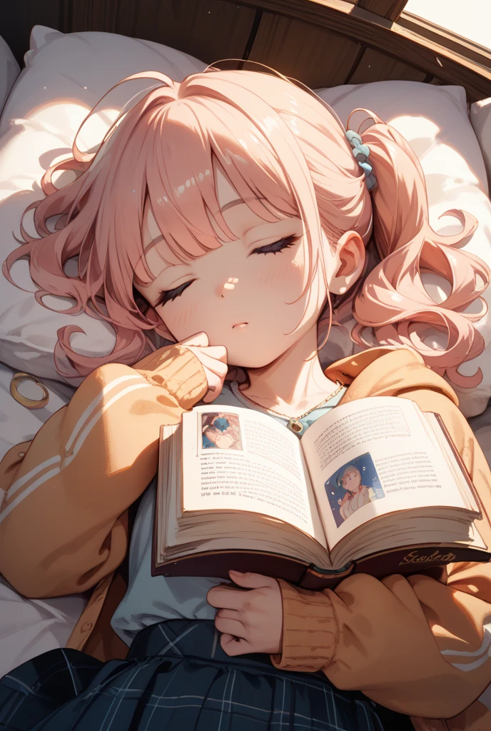 A cute girl falls asleep face down while studying