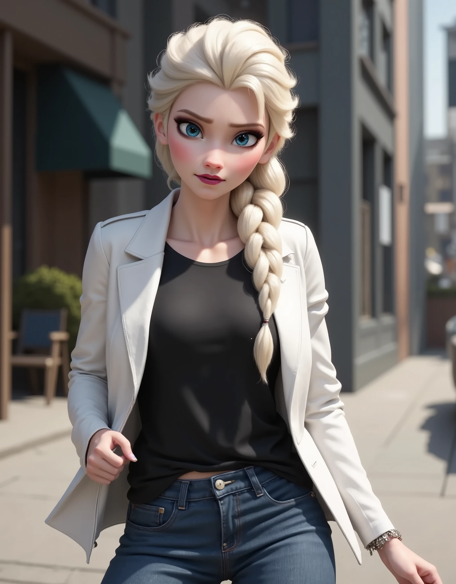Elsa has a black shirt and white jacket, And she's wearing jeans..Get out