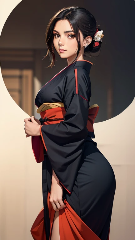 female dressed as attractive Samurai, gorgeous, voluptuous, flirting, busty, ample hips, insanely detailed accentuated big booty, looking_back, portrait, photography, detailed skin, Realistic, photo-realistic, 8k, highly detailed, full-length frame, HIGH detailed RAW color art, piercing, diffused soft lighting, shallow depth of field, sharp focus, hyperrealism, cinematic lighting,