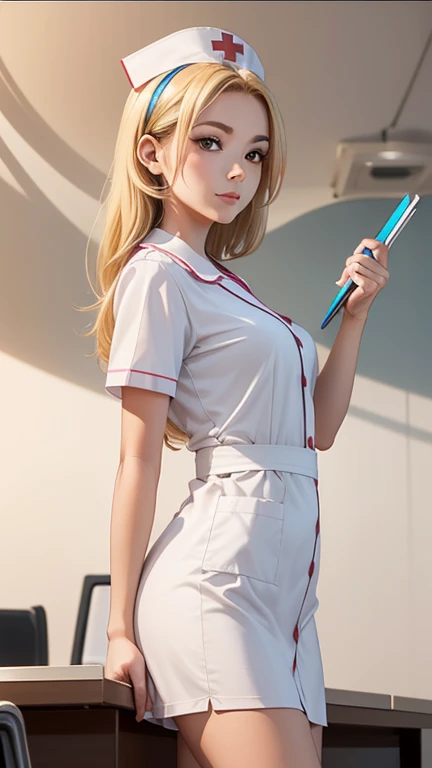 Beautiful mature blonde american woman、White nurse uniform、Nurse's white tight skirt ((Slimed、小柄))、Wearing a blue cardigan Nurse Cap Have medical records A smile Photorealsitic、a picture、masterpiece、reallistic、真实感、photorealisim、High contrast、Photorealistic Art Station Trend Digital Art 8k HD High Resolution Explanation Real, detaileds, Skin Texture, ultra-detailliert, realistic skin textures, armature, top-quality, 超A high resolution, (Photorealsitic:1.4),, hight resolution, detaileds, Raw foto, Sharp Re, Nikon D850 Film Stock Photo by Lee Jefferies 4 Kodak Portra 400 Camera F1.6 lenses rich colors hyper realistic lifelike textures dramatic lighting unreal engine artstation trends synestil 800,5Precision details of beautiful hands with fingers