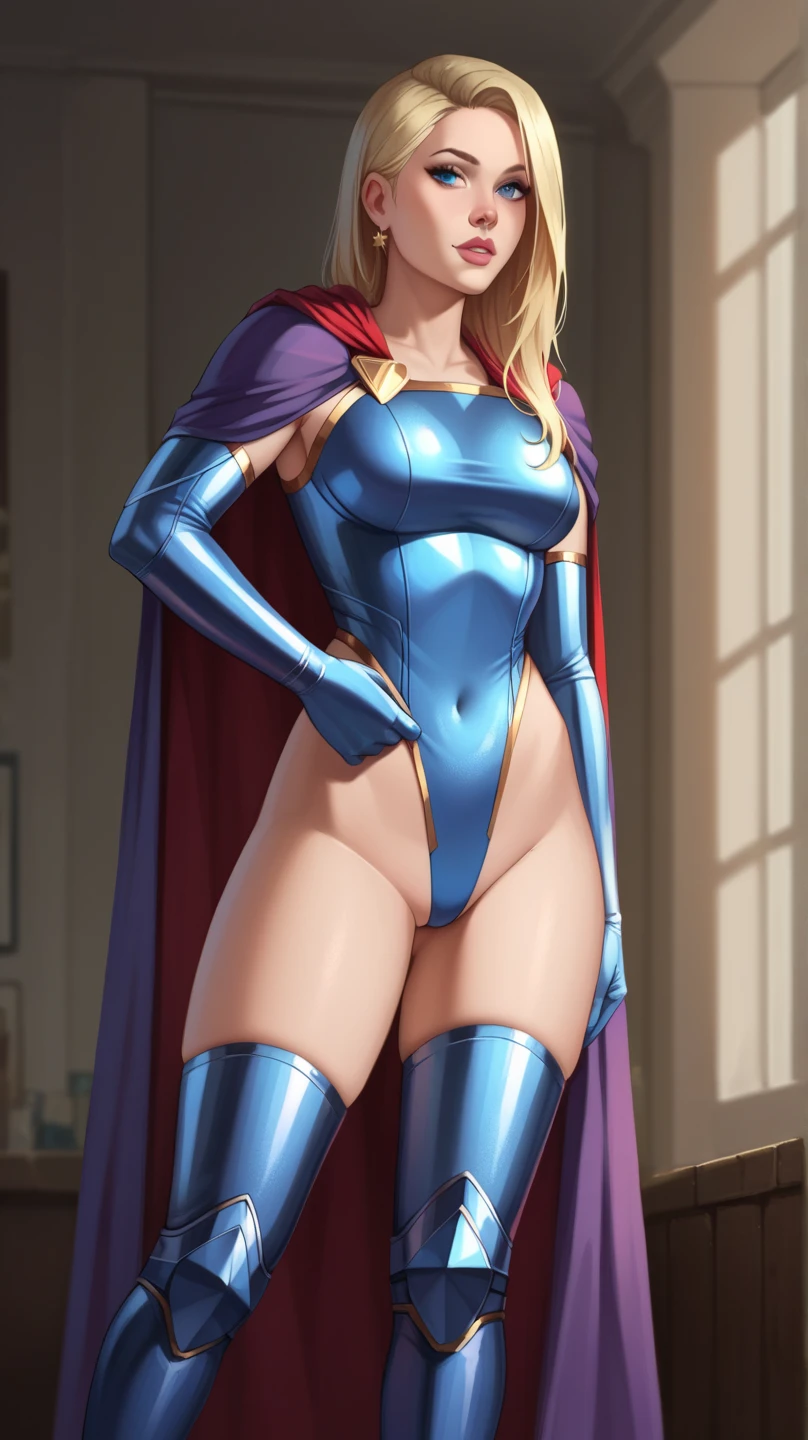 1girl, superhero, leotard, bare legs, matching boots, standing, solo focus, belt, hands on hip, full body shot, mature lady, blonde hair, bob hair, office