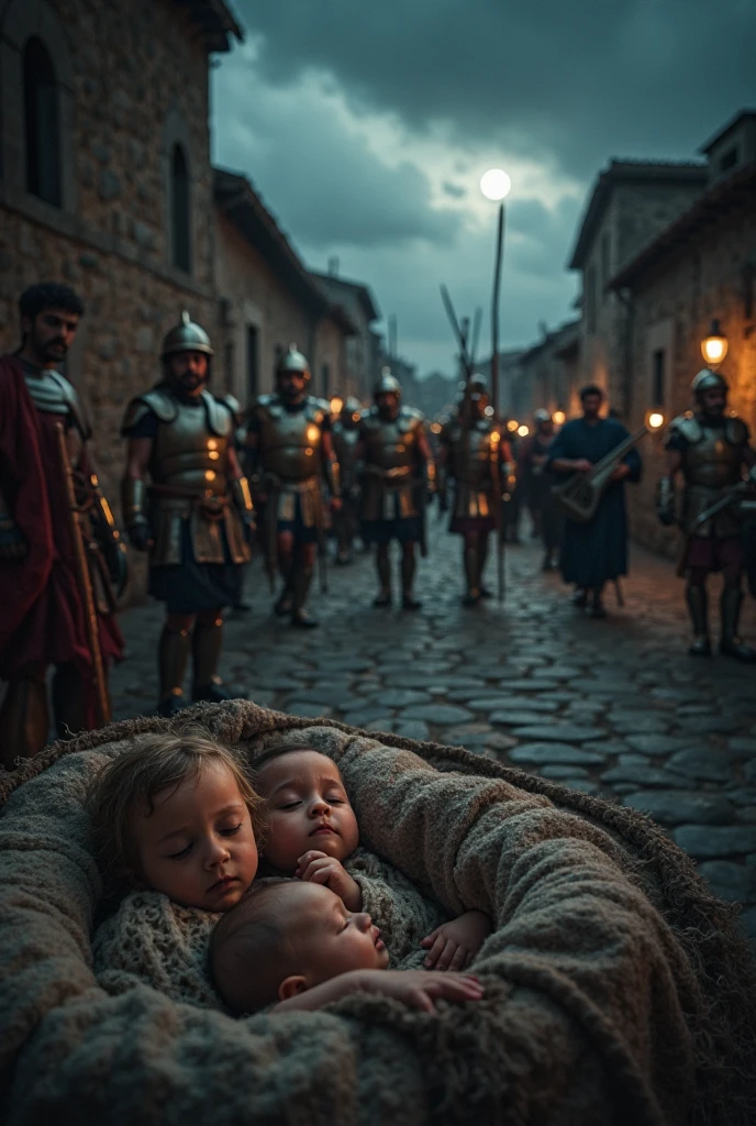 (photorealism:1.2), an on the ground crying. The mom and dad of the baby is lying down near her dead with a lot of blood. This scene should happen in the medieval times. The mother should be dead.