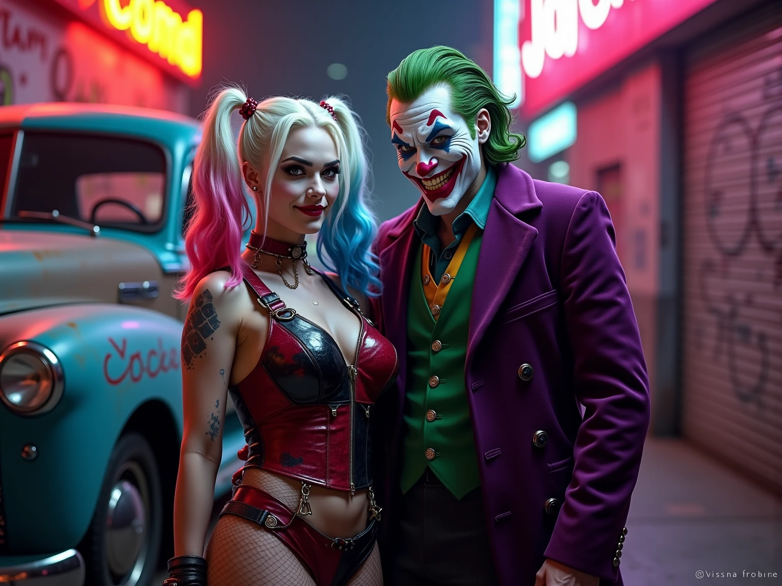 masterpiece, high resolution, highly detailed, shiny black, 1948 Chevrolet panel truck, (parked at an angle)with the Joker and Harley Quinn graphics, "A hyper-realistic, highly detailed 8K portrait of Harley Quinn and the Joker standing together , neon-lit alley. Harley Quinn has pale white skin, striking blue and pink split-dyed hair in pigtails, bold red and blue eye makeup, a mischievous smirk, and is wearing her iconic red and black leather outfit with diamond patterns, studded accessories, and fishnet stockings. Her face texture is smooth with light freckles and a subtle sheen. The Joker stands beside her with green slicked-back hair, white painted skin, a maniacal grin showing yellowed teeth, intense green eyes, and deep facial wrinkles. He wears a purple velvet coat, a green vest, and a gold chain. Their body poses are confident and chaotic, surrounded by graffiti, standing next to the panel truck, and neon glowing signs. Ultra-detailed textures on their clothing, skin, and expressions, cinematic lighting, photorealistic style." (((Camera MUST get their Full bodies in the photo))) (((professional photography))).