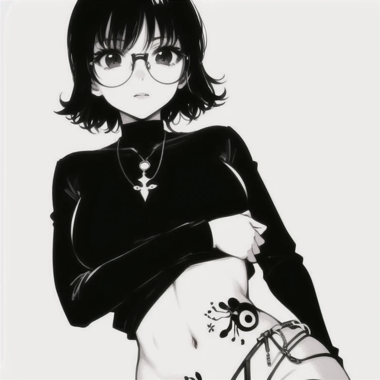 girl, facing the viewer, black and white, harajuku short hair, round glasses, geek accessories, collar, geek style, nude, naked, nipples, small breast size, confident gaze, monochrome color scheme, looking to the side, sensual pose, naugthy expression, head,((a person)),cat ears headset, hairpin, open legs, sweating body, body full of cum, pee, cum on crotch