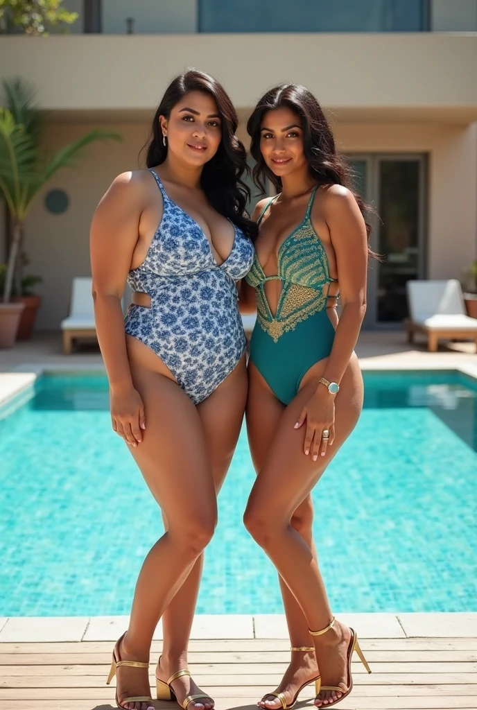 fat ssbbw curvy bottom heavy pear shaped wide hiped british women, 30 brunette, they are standing together near the pool, they are wearing floral one piece, swimsuits , view from behind