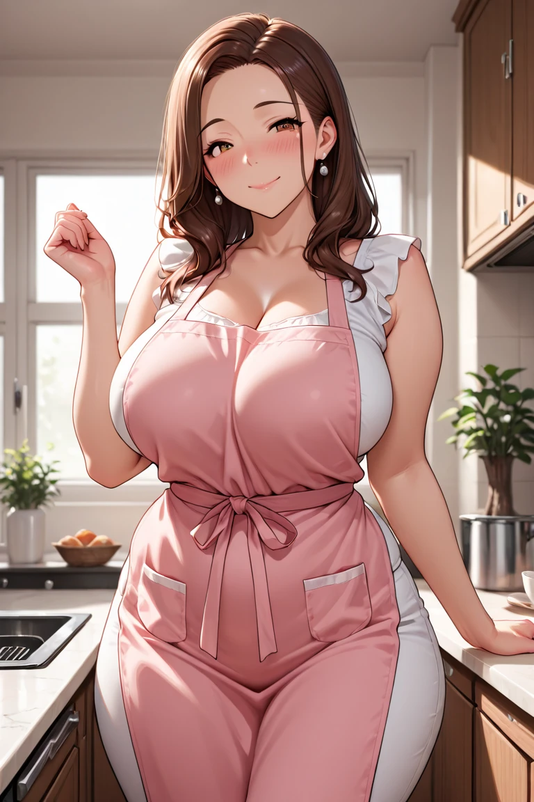 (masterpiece, 最high quality, 超High resolution, Very detailed), Perfect illustration, Perfect lighting,Perfectly detailed hair, Perfect and exquisite face, Perfect collarbone, Perfect body,Beautiful anime CG,NSFW,Juicy breasts, Perfect Thighs, Beautiful feet, View your viewers, 1 person,Perfect Face, (Perfect Anatomy, Anatomically correct), Symmetrical face、((Shiny Hair)),Sexy Body、(masterpiece),(最high quality：1.3),8k,Very clear,Captivating woman,(high quality, High resolution, Finer details), Juicy breasts、Perfect Woman、Perfect Face、Symmetrical face、Baby Face、((Big Breasts))、((Big Ass))blush、Cowboy Shot、(((Short brown hair)))、((Large brown eyes with double eyelids、Long eyelashes))、((Black under-rim glasses)),(Red Makeup)、(((Turtleneck sweater)))、(((apron、mini skirt)))、(A healthy and well-developed body)、(indoor、kitchen)
