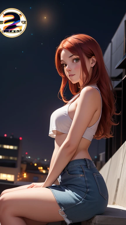 sexy young girl, good body, long haired redhead with blue eyes, short white shirt, bare shoulders, short blue denim shorts, serious look, sexy, short brown boots with white, walking, view from above, view above