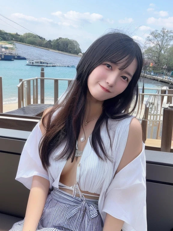 8k、masterpiece、Best image quality、Very detailed、Perfect body、Large Breasts、Skin glows、Smile、scenery、Cloudy、On the footbridge、Close-up、Photographed from the front、Wide-angle lens