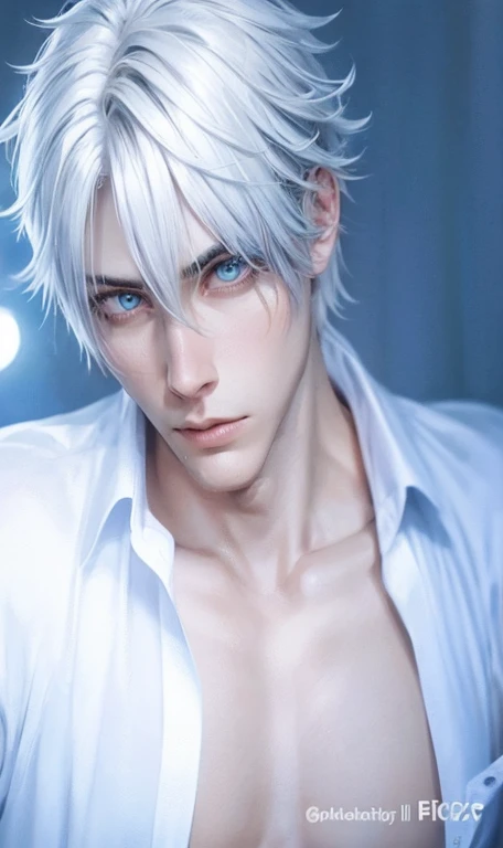 Male anime character with white hair and blue eyes, White skin
