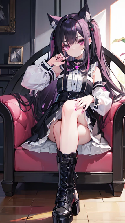 (8k、Best image quality、Highest quality、Accurate human body、Someone knowledgeable、Correct five-finger、4K - ultra-vivid、Highest quality, masterpiece, Ultra-high resolution, Detailed Background、The perfect background、
(Side view),
Oily skin, Glowing Skin、Realistic skin texture、Beautiful skin in every detail、Glowing Skin、Glowing Skin,
masterpiece)、
Black hair in twin tails、short hair、Wavy Hair、Blunt bangs、Purple eyes、Expressionless、Piercing the modest chest、Pink ruffled outfit、Off-the-shoulder strapless、Black mini skirt、((Fishnet tights))、Platform leather shoes、A charming female brat、
(((Dim lighting)),(Sit on a large velvet leather sofa、She looked up as if to snuggle up to me..、Night Patrol:1.2, Lounge Girl:1.3, Please sit right next to me:1.3, throw:1.2, drink alcohol)、(Sweet stuff, Ecstatic face:1.5)