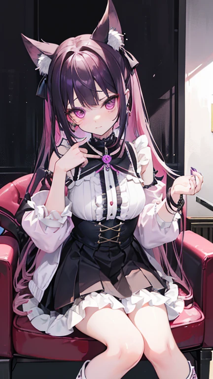 (8k、Top image quality、top-quality、​Accurate human body、Detailed people、Correct five-finger、4K - ultra-vivid、highest quality, masterpiece, Ultra-high resolution, Detailed Background、The perfect background、　　　　　　　　　　　　　　　

(View from the side:1.5),
Oily skin, Sparkling Skin、Realistic skin texture、Detailed beautiful skin、Shiny skin、Glowing Skin,
masterpiece)、


Black hair in twin tails、short hair、Wavy Hair、Blunt bangs、Purple eyes、Expressionless、Piercing modest chest、Pink frilly outfit、Off-the-shoulder strapless、Black mini skirt、((Fishnet tights))、Platform leather shoes、bewitching female brat、

(((Dim lighting)),(Sit on a big Velvet leather sofa、She looked up as if she was sticking close to me.、Night round:1.2, lounge girl:1.3, Sit right next to me:1.3, POV:1.2, drink alcohol)、(A sweet, ecstatic face:1.5)