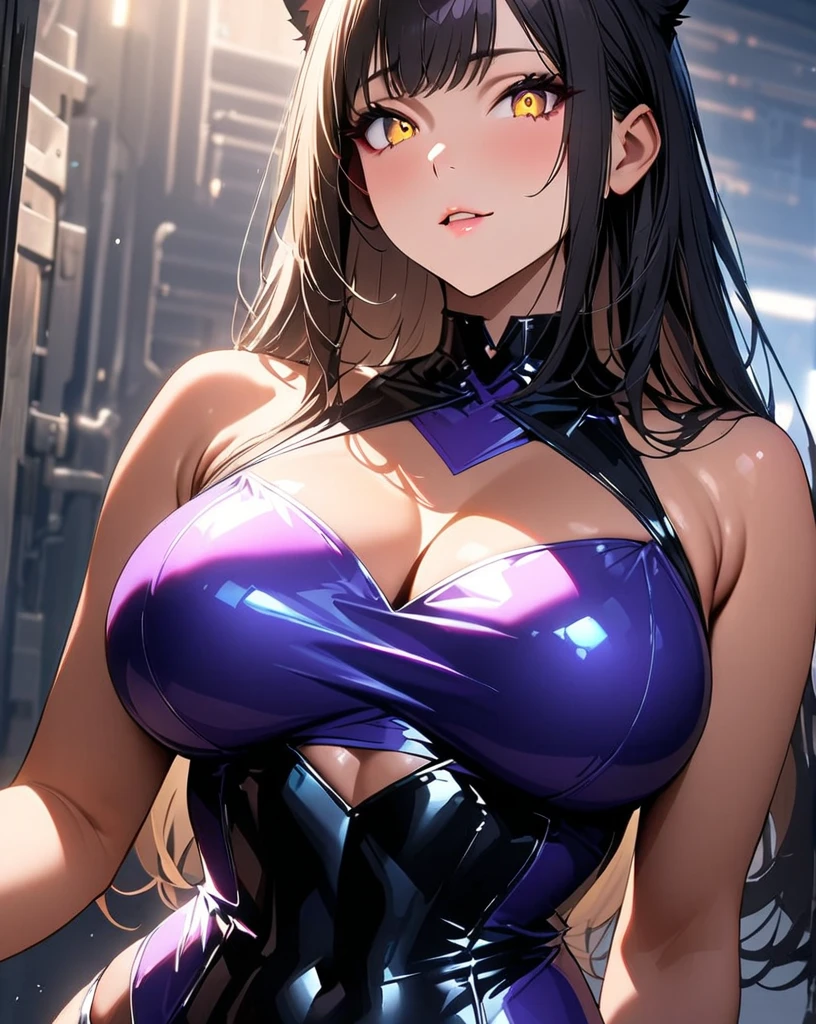 masterpiece, best quality, 1girl,black hair,long hair,glowing eyes, (finely detailed empty pupils and detailed face),,,,extremely detailed picture unity 8k wallpaper,solo,(latex military costume:0.9),large breasts,seductive smile,military hat,latex thighhigh,large breasts,black hair,pink eyes,black leotard,pantyhose,military coat,enamel suits,grossy lips,sitting,bust shot