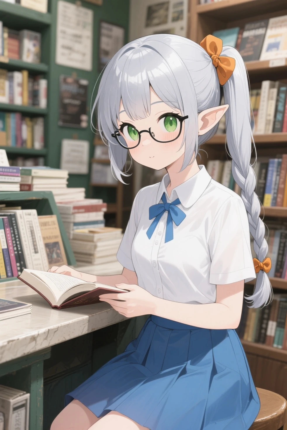 (masterpiece, best quality,1.3),extremely detailed,1girl,(frieren),pointy ears,elf,round face,green eyes,navel,small breasts,sweat,white hair,twintails,parted bangs,smile,solo,(reading magic book),white tank top,frayed denim shorts,sleeveless,barefoot,spread legs,glasses,library,looking book,blush,best quality,amazing quality,very aesthetic,absurdres,
