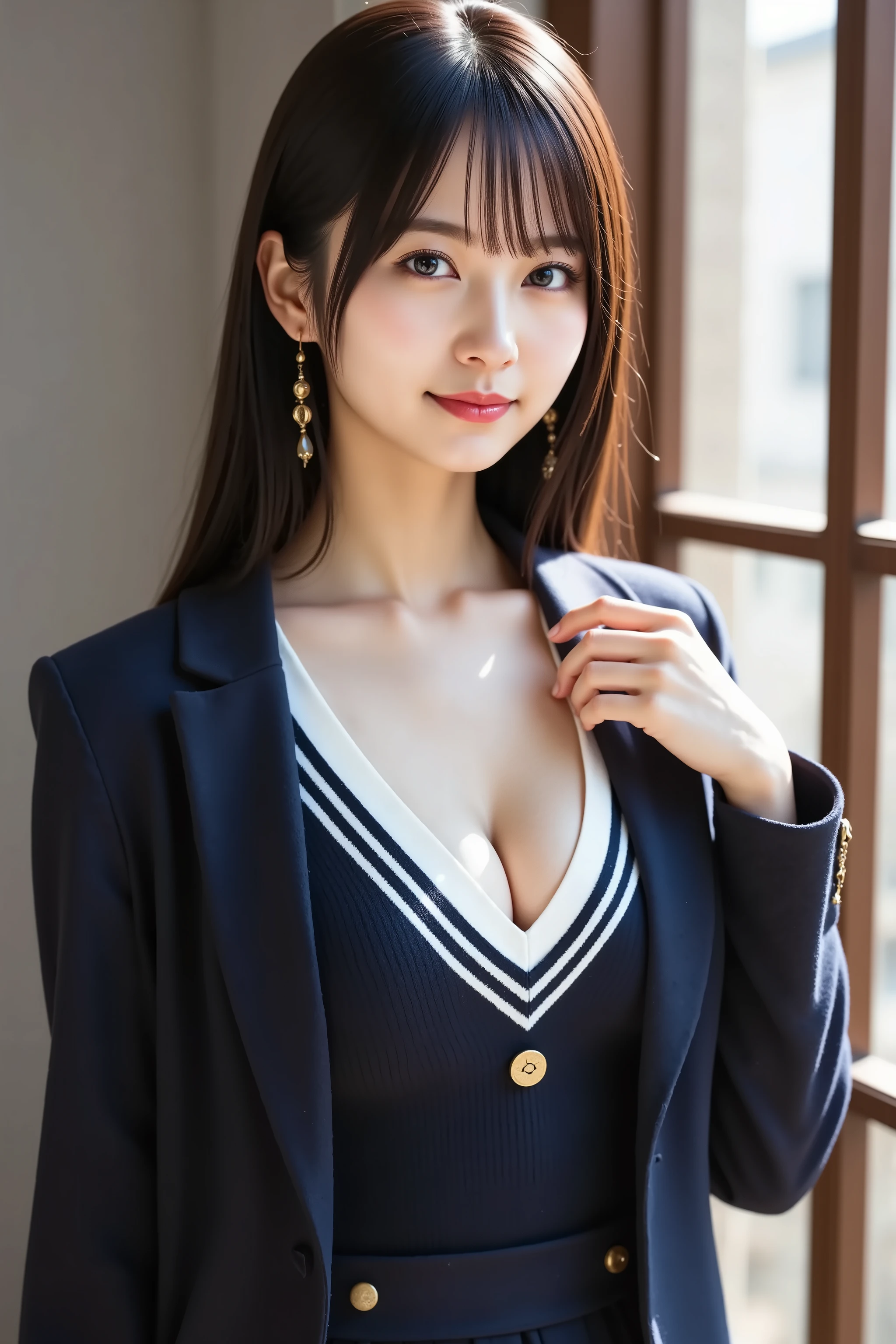 Subject: a slender realistic female with pumped firm full breasts and a wide, deep, boldly emphasized cleavage, wearing a crisp white collared shirt beneath a navy V-neck sweater vest trimmed with white stripes, layered under a tailored navy blazer bearing a gold circular lapel emblem, paired with a pleated mini skirt resting just at her hips, accessorized with delicate gold dangling earrings; each hair strand rendered in photorealistic detail, her long straight dark brown hair meticulously parted at the center, individual wisps framing her face and flowing over her shoulders, Medium: digital art, Style: photorealistic cinematic, Composition: half-body bust-up view from slightly elevated angle capturing her head, neck, and upper torso, her slender neck elongating into gently sloping shoulders, collarbones subtly highlighted through the V-neck, head tilted slightly to the right with chin softly lowered, direct warm gaze engaging the viewer, right shoulder pushed forward and left shoulder drawn back to accentuate her chest volume and create an elegant S-curve in her posture, her right hand delicately resting on her blazer lapel with fingers gently curved and thumb brushing the fabric, left arm hanging naturally at her side, subtle breeze suggested by the faint movement of stray hair strands and the slight lift of her blazer lapel, shallow depth of field isolating her against a softly blurred interior space with muted tones, Lighting: soft natural window light streaming from the right side, creating gentle highlights on her cheekbones, collarbones, and the contours of her breasts, with a thin rim light outlining the edge of her hair and shoulders, Color Palette: cool neutrals of navy and white contrasting with warm skin tones, Mood: calm, confident, professional atmosphere