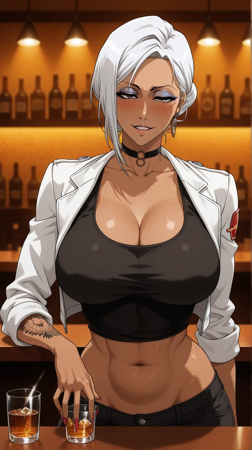 Masterpiece. 1girl, solo, white hair, dark skin, medium breasts, red vest, long pants, cleacage, sexy pose, hands behind back, full body, outdoors, smile, city, night, neon lights <lora:Sonia:1>