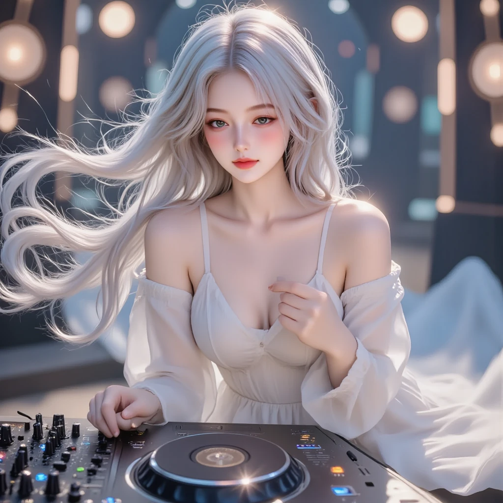 ((face, style)).((masterpiece:1.5))((alone、Woman wearing giant headphones:1.5、Detailed face、Big Eyes、Bright expression、small breasts, cleavage、Best Looks、Ultimate beauty、Shiny silver hair with highlights、明るい and shiny hair,、Modern Hairstyles、Hair dancing in the wind))(morning、indoors)Please look away from here、Beautiful profile、winter, IncrsHeadphones
