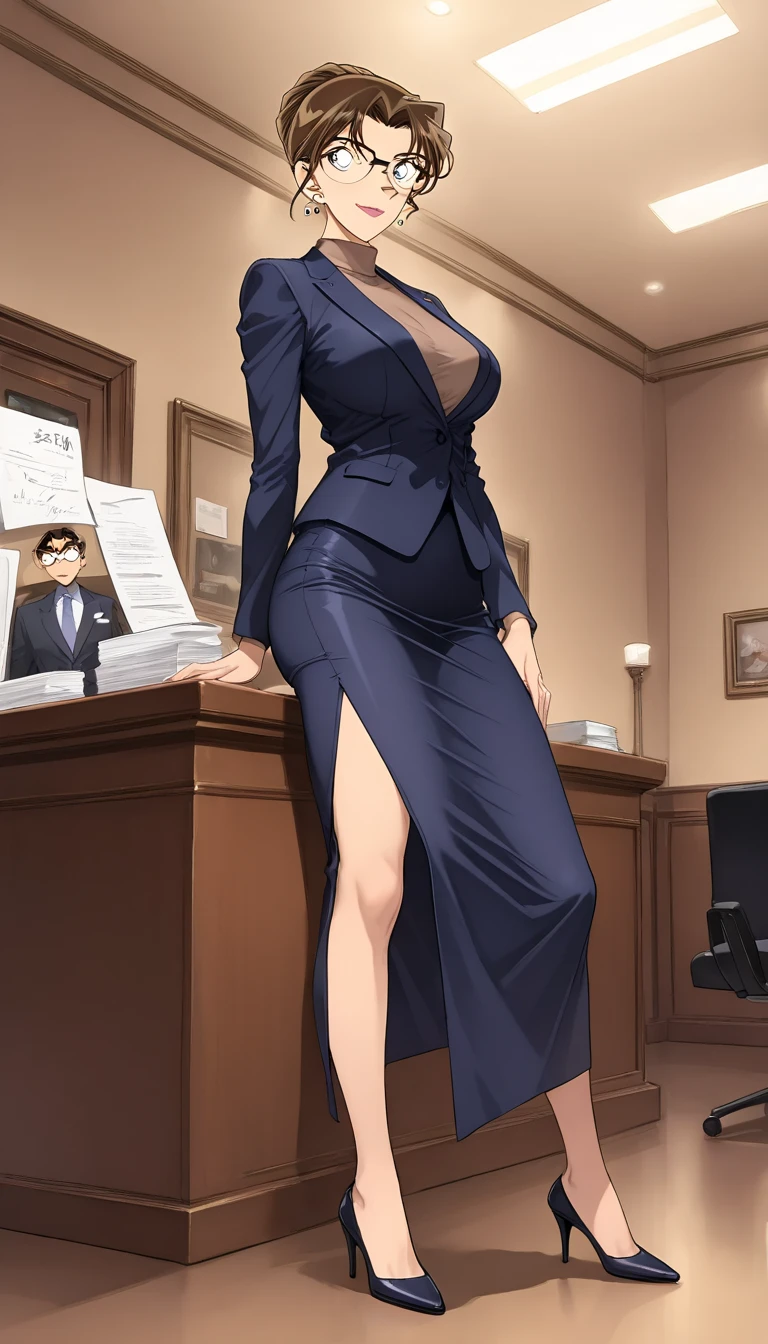 A cute woman (age 40, perm in hair, formal jacket, mini skirt, high heels, little make up, cleavage small but over exposed, folder, cell phone) is questioning a witness in a court room