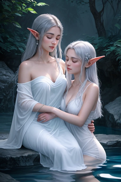 (best quality,4k,8k,highres,masterpiece:1.2),ultra-detailed,(realistic,photorealistic,photo-realistic:1.37),2 elf girls with long white hair,beautiful detailed eyes with secretary glasses,dressed provocatively with a tight-fitted waist and a very large chest,wearing a transparent dress