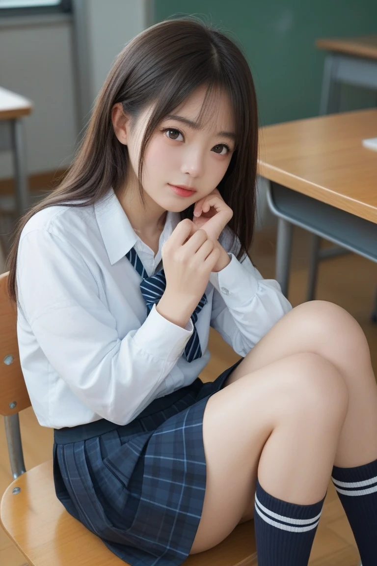 (8k), (highest quality: 1.2), (Realistic), (Realistic: 1.67), 超High resolution,Gal, (Anatomically correct),masterpiece, highest quality, RAW Photos, Beautiful girls, cute like an idol, smile, Written boundary depth, High resolution, 超detailedな, detailed, extremely detailedな顔, Realisticな学生, Cinema Lighting, (Brown skin color:1.2),alone,woman,(school uniform:1.2),Loose white socks,Medium Shot,(Thighs:1.2),(From the side:1.2),(From above)