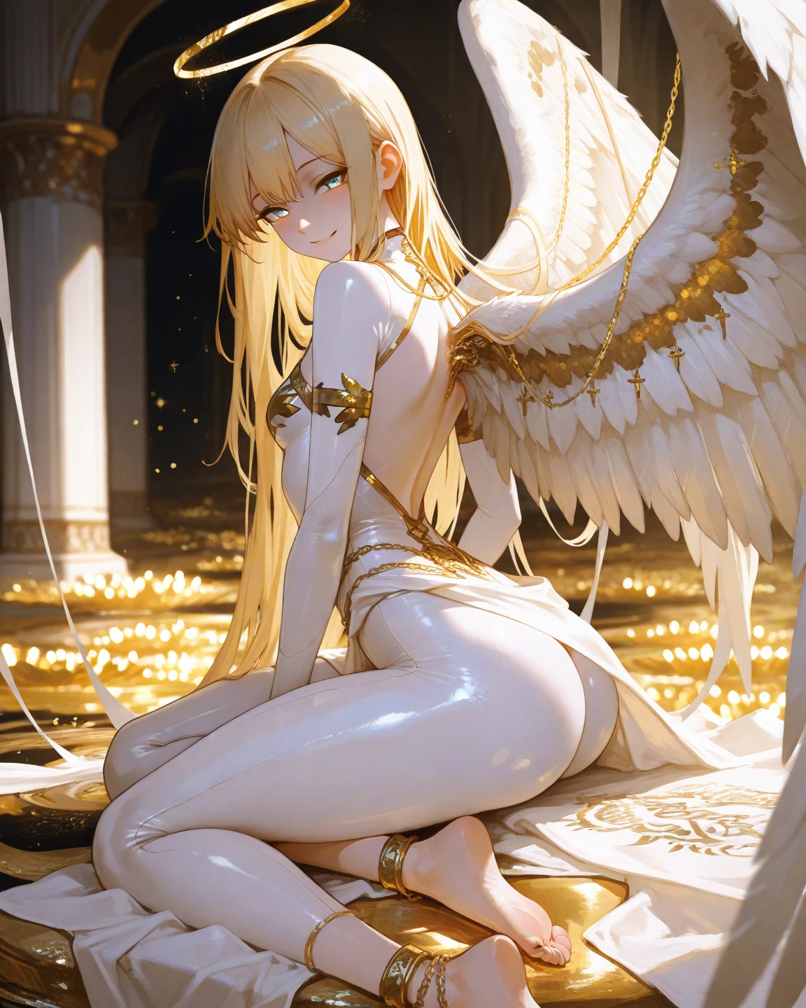 An angel with pale skin, long blonde hair and small breasts, with large feathered wings, naked, her feet are bare, her breasts are visible, her pubis is visible, lying on her back on an altar of white and gold, in full view in high quality