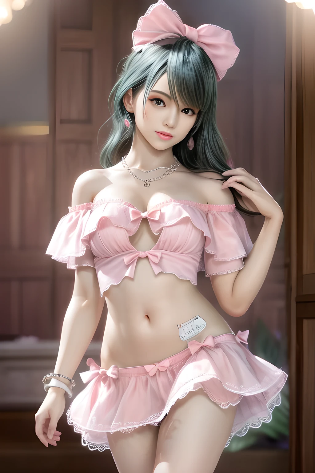 A beautiful girl blue colored twin ponytails on each side of head, ribbons around her legs and a green chocker around her neck with a gold pendant with red gems, wearing white halter top with pink skirt with black straps with pouch white bubble skirt, a pink detached lace sleeves with strap woven around her hands, has a glass pendants woven around her elbows, white short stocking inside black short heeled stilettos