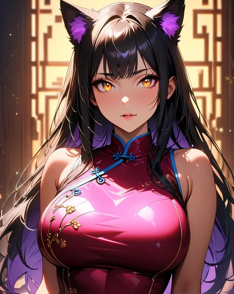 junkotvv in ancient times, under the chest, black hair with cat ears and red eyes, standing alone, From below, gazing at viewer, For the chestnut, へそ, Wart, lips, eyes browns, pelo largo, Breasts huge, jewerly, aretes, upchemise, inside, chemise, arm up, looking to the down, ceiling, upperbody.