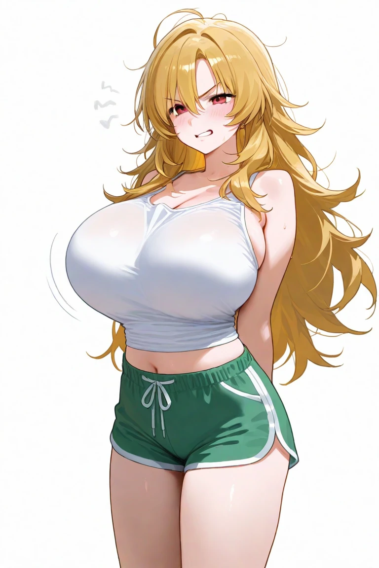 A tall beautiful girl with huge chest, wavy yellow hair, long green square eyes, dresses in a shirt with white buttons, a knot, unbuttoned, shows her navel and her long green skirt.