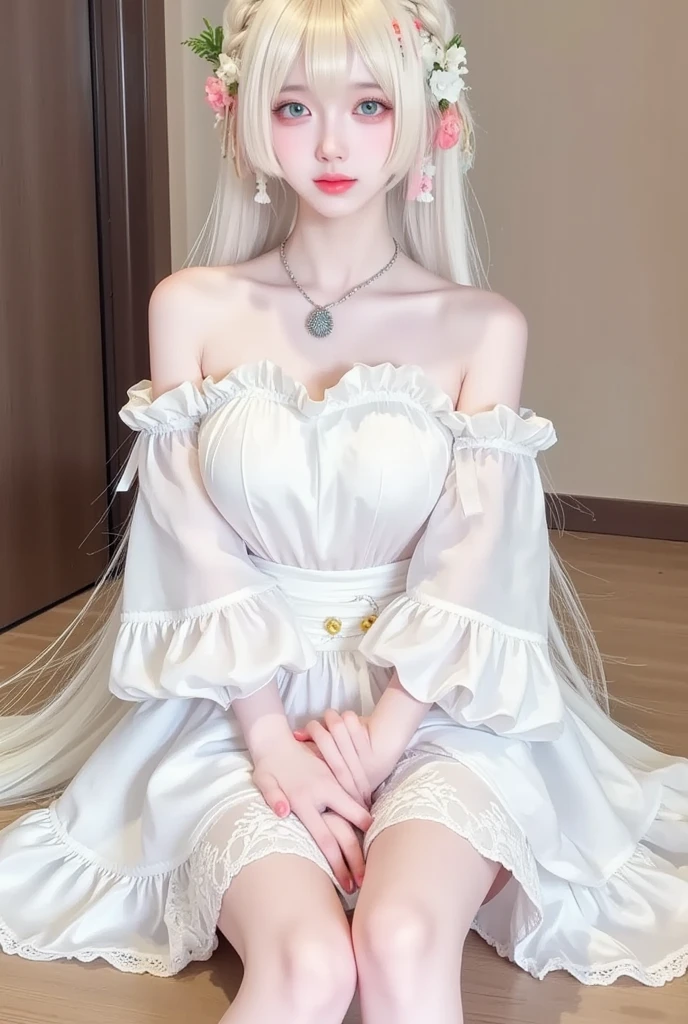Best quality at best,超高分辨率,(真实感:1.4),(beuaty girl:1.4),Detailed facial details,Beautiful detailed eyes,Light yellow hair,coiffed blonde hair,light blue eyes,Slim,Wearing a white and blue wedding dress,White wedding headscarf,haunting smile,Behind it is a cluster of white roses,chapel windows,Very meticulous clothes,Young and cute Korean face,with a round face,heart - shaped face,barbara(Genshin Impact),plain face,Real hands,anatomy correct,Qi bangs,Thick bangs,M bangs