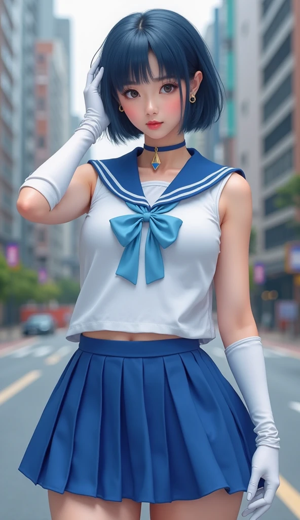 do, Highest quality, High resolution, Venus 1, One Girl, alone, Sailor Warrior Uniforms, Sailor Mercury, Mizuno Ami, Blue Hair, Magical girl, blue eyes, Blue Skirt, - Elbow hand pockets, tiara, Pleated skirt, Hair Ribbon, Blue sailor collar, mini skirt, choker, blue choker, White gloves, short hair, jewelry, Earrings, Cowboy Shot,More detailed 8K.Unreal Engine:1.4,超High resolution,La Highest quality:1.4, Realistic:1.4, Skin Texture:1.4, 傑do:1.8,最初のdo品, Highest quality,Object Object], (Detailed facial features:1.3),(Great hands:1.4),(Apocalyptic destroyed cityscape:1.4),skirt lift,Camel toe