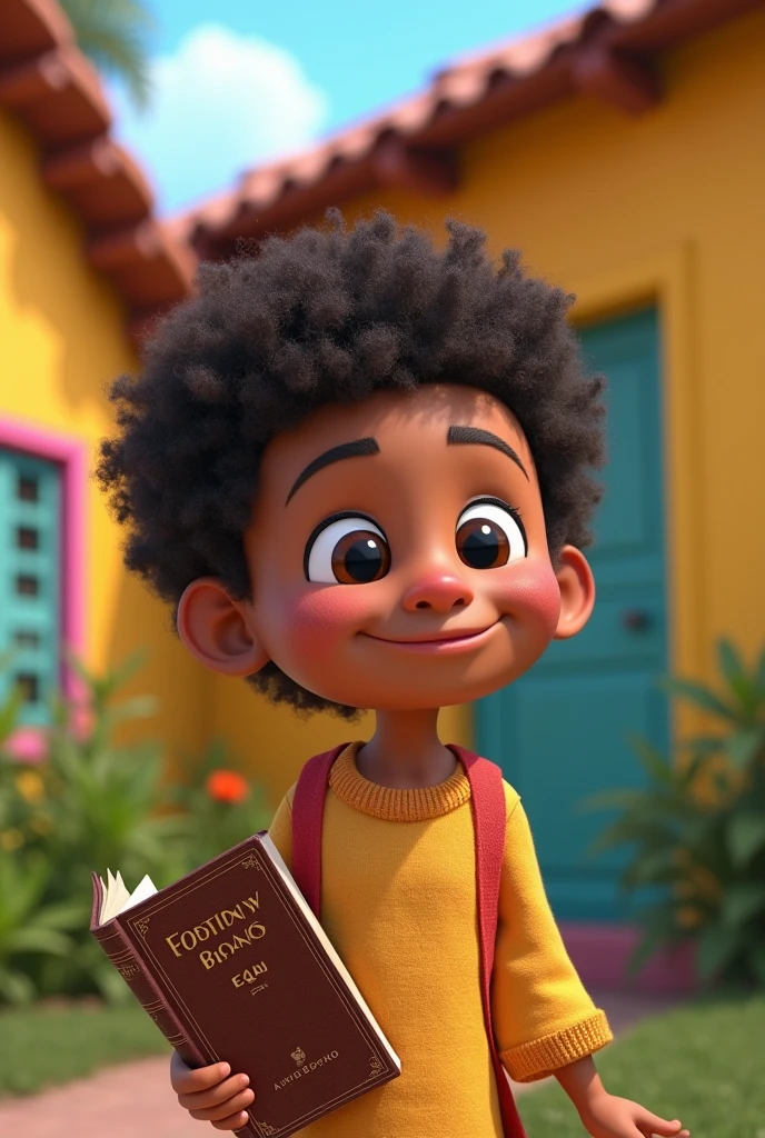 quero um desenho de um menino de 4 anos sorrindo, de cabelos castanho escuro, biblioteca no fundo, segurando um livro e vestido com gravata borboleta.