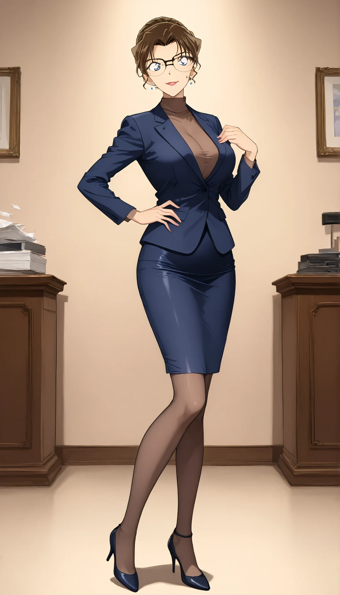score_9, score_8_up, score_7_up,meitantei conan style,BREAK,1girl,solo,mature female,milf,kisaki eri, glasses, hair bun, single hair bun, brown hair, earrings, jewelry, lipstick, breasts, large breasts, medium breasts,BREAK,closed clothes,(suit, tight Skirt),(black panties,thong, black garter belt,black garter hose:0.7),high heels,BREAK,smile,standing,BREAK,indoor, reception room,full body,front view