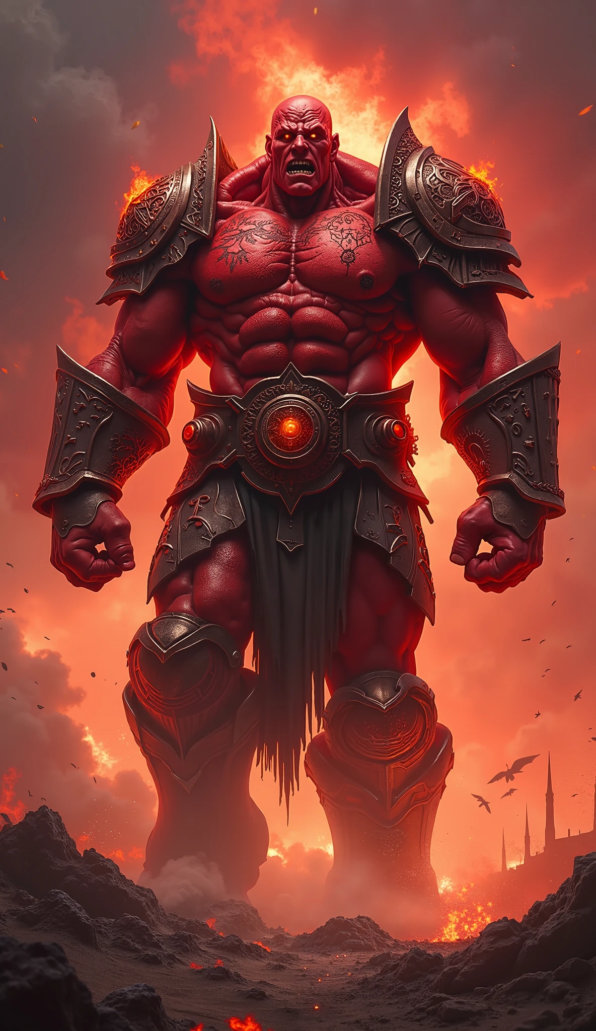 A painting of Ravan, He has 10 heads, each head showing different expressions, king or srilanka ,a 52 years old man, proper eyes, proper hands, proper legs, moderate stature, has a big tail, Fire on the background, strongly built, broad-chested, narrow-waisted, and long-armed, one hand straignt pointing to something and a big blue dager inthe other hand, in a dark kings chamber, dark background, carnage, (Professional 3D rendering:1.3) by (Realistic:1.3) ,((Epic Ravan the destroyer, fantasy rough muscular man wet hero angry look long hair, clean shaved, long face and fierce expression in ordering to start the war pose, wearing a deep red robe, inside a temple, burning fire lights in the background, dark dangerous environment)), (deep red and black with heavy jewelry r:1.4), Sci - Horror Art of Fiction, Science fiction horror artwork, inspired by Aleksi Briclot, Crocs de carnage, Horror fantasy art, par Aleksi Briclot, Horror concept art, venin, Art fantastique et horreur, Detailed illustration of 4K horror, Demonic creature, Dark Fantasy Horror Art