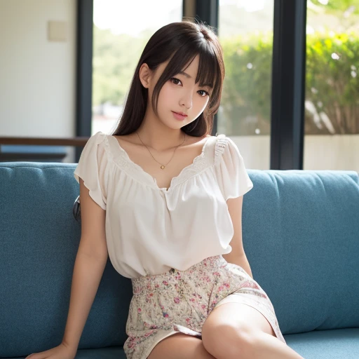 Tabletop、supreme beauty、masterpiece, 1 girl, solo, (blouse:1.2),(squat),(skirt:1.3),(panties:1.3 (Stock Emphasis;1.3)、Slender、Natural light、 Attention to detail, Depth of written boundary, 135mm, Textured skin, Super detailed, high quality, Awards, 最high quality, High resolution, 8K, White skin,Brown Hair、Cute face、Random facial expressions、 Beauty、Age 25、Per capita in Japan、Correct skeleton、Random Hairstyles、(Open your legs a little:1.2)、(Facing forward),smile、Beautiful inner thighs