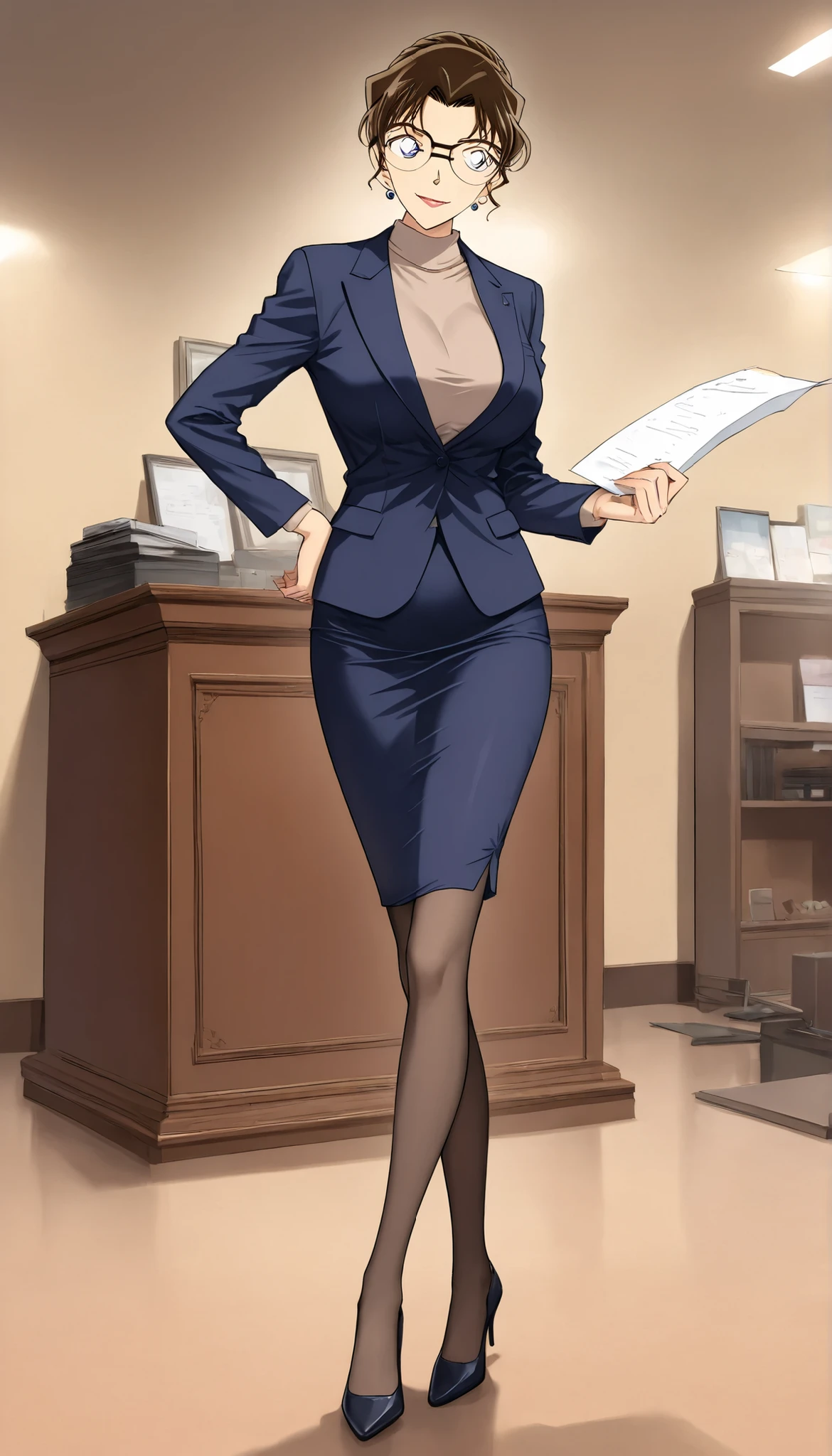 score_9, score_8_up, score_7_up,meitantei conan style,BREAK,1girl,solo,mature female,milf,lawyer,kisaki eri, glasses, hair bun, single hair bun, brown hair, earrings, jewelry, lipstick, breasts, large breasts, medium breasts,BREAK,closed clothes,(suit, tight Skirt),(black panties,thong, black garter belt,black garter hose:0.7),high heels,BREAK,smile,standing,BREAK,indoor, reception room,full body,front view