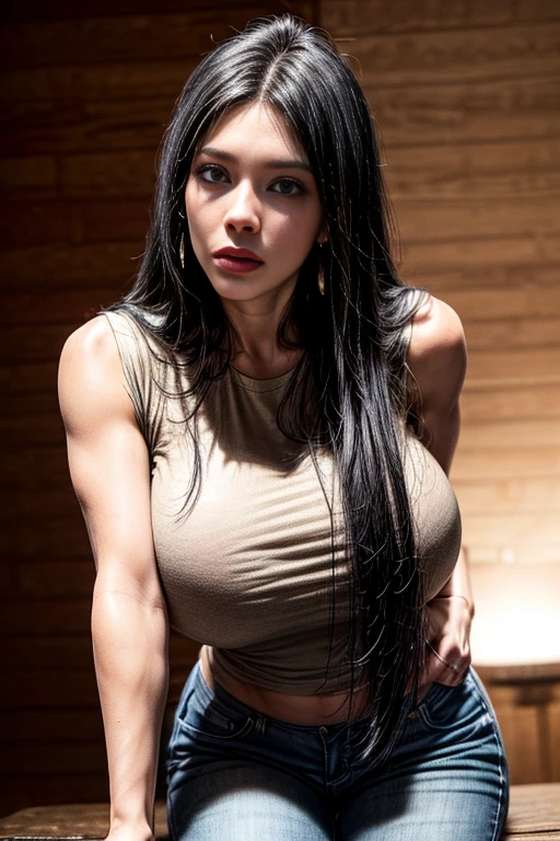 (best quality, masterpiece, high resolution: 1.2), raw photo, (1 middle-aged girl), brunette, heavy makeup, black eyeliner, ponytail, muscular body, topless, tattoos on the body, posing half-turned, looking at the viewer, soft lighting, desert, military style, (intricate details)