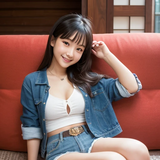 (better quality) 8ก, 32k, Masterpiece, UHD: 1.2)perfect body,sexy,1 gram,woman,Asia,9 p.m., stripes, detailed face,(High quality) (realistic) Photos for documents, front viewer, blurred background, smile, (wearing jeans jacket and jeans suits, deep neck line), flower pattern bra, black boots ,sitting on the sofa, (( Sit and make your legs look like the letter M.))elegant, fine hair, Korean pictures ,Chest size 36 inches,big breasts,Pose like a professional model.,โฟกัสbig breasts, smile, Breast cleavage,Bokeh ,Lift your head up, look up, hold your head up, laugh with your mouth wide open.,