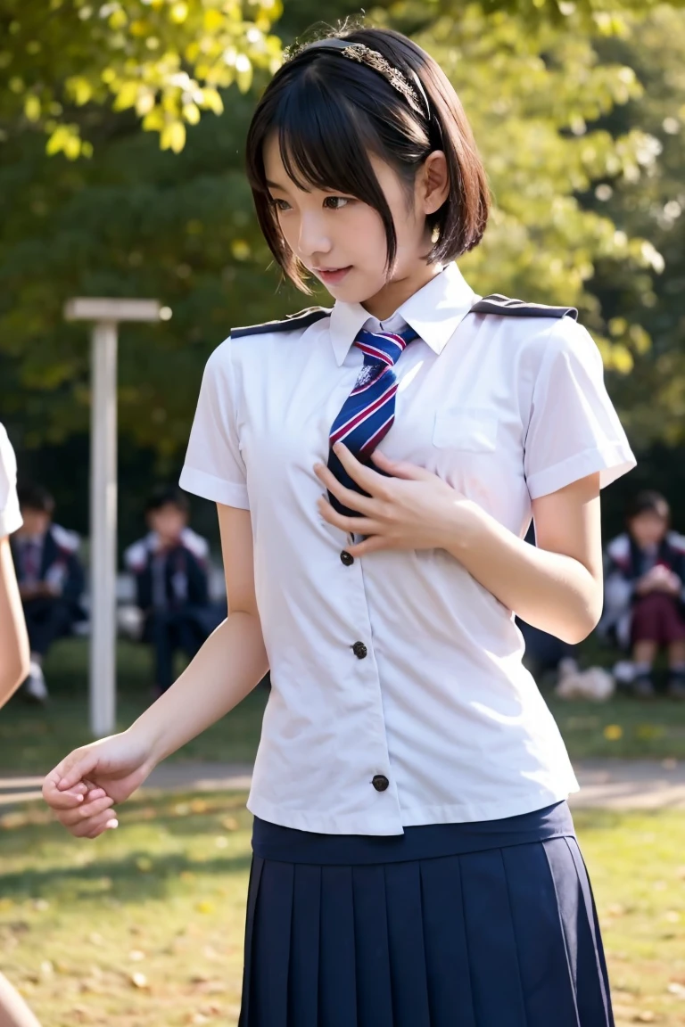 (Realistic、Like a photograph、Live Action、8K, Realistic, RAW Photos, Best image quality: 1.4), Single-lens reflex camera、RAW Photos, Highest quality, Realistic, Very detailed CG Unity 8k wallpaper, Written boundary depth, Cinematic Light, Lens flare, Ray Tracing, Realistic background、Many people々:1.4、((high school girl:1.form:1.3、Uniform skirt:1.3、Skirt Lift)、Large Breasts)、((ultra high density skin))、 1 female,Cute high school girl、((Girls cheering in the schoolyard、support、(whole body:1.5)、Smiling at school))、Pink inner color hair、short hair:1.2、Tie your hair with a hair clip、I like that style、stylish、Very detailed、Pay attention to the details、Perfect outfit、(Sunburned skin)、Beautiful feet:1.1，Panty shots from the front and below、Detailed pink panties