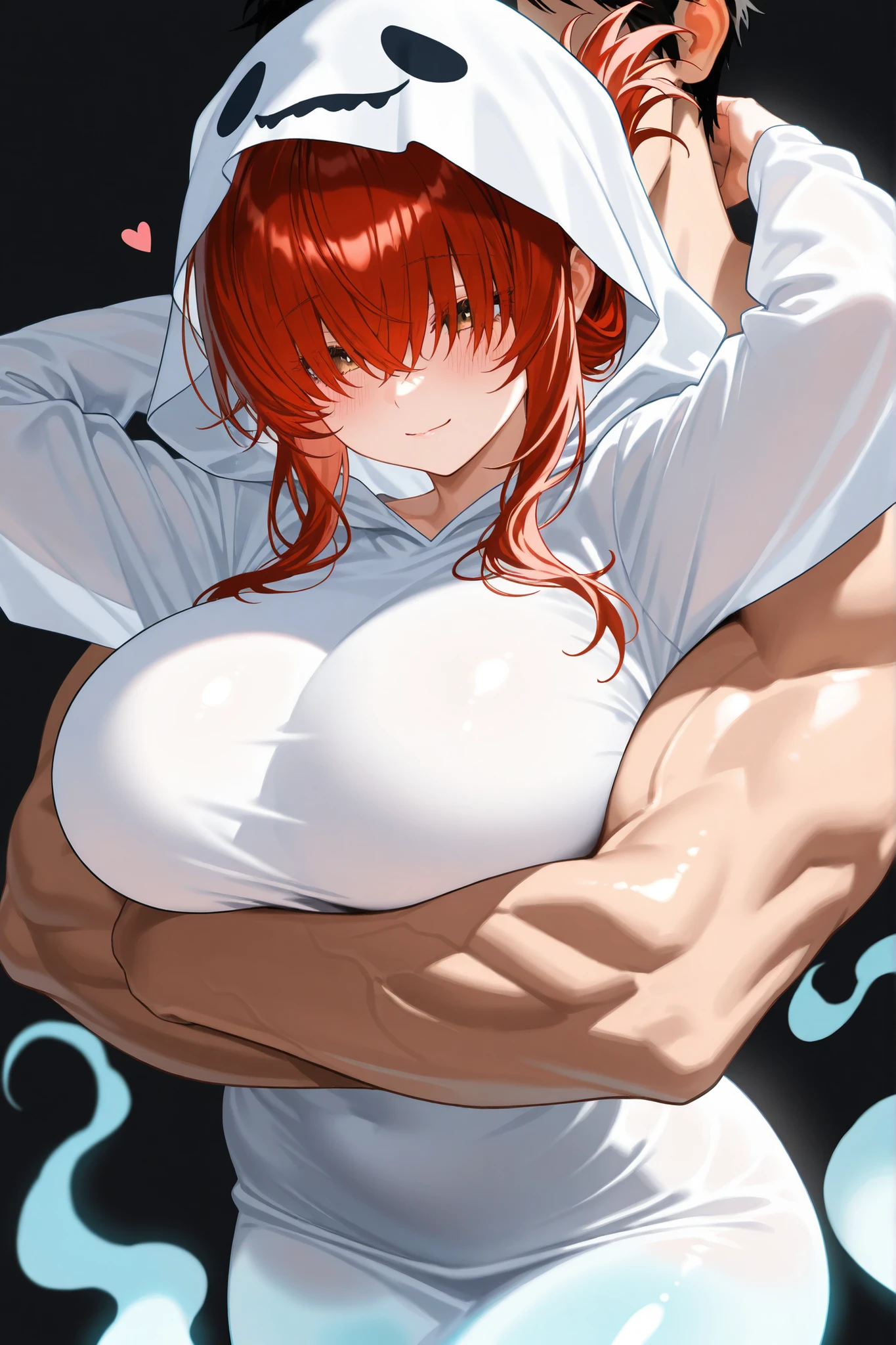 Red hair,wide hips,fully naked, massive hips,very wet body,arms crossed, bathroom, showering, glass walls, big cleavage,very nsfw,Igawa_Asagi, hugged by black a man(faceless),has a big cock,kissing, touching each other.
