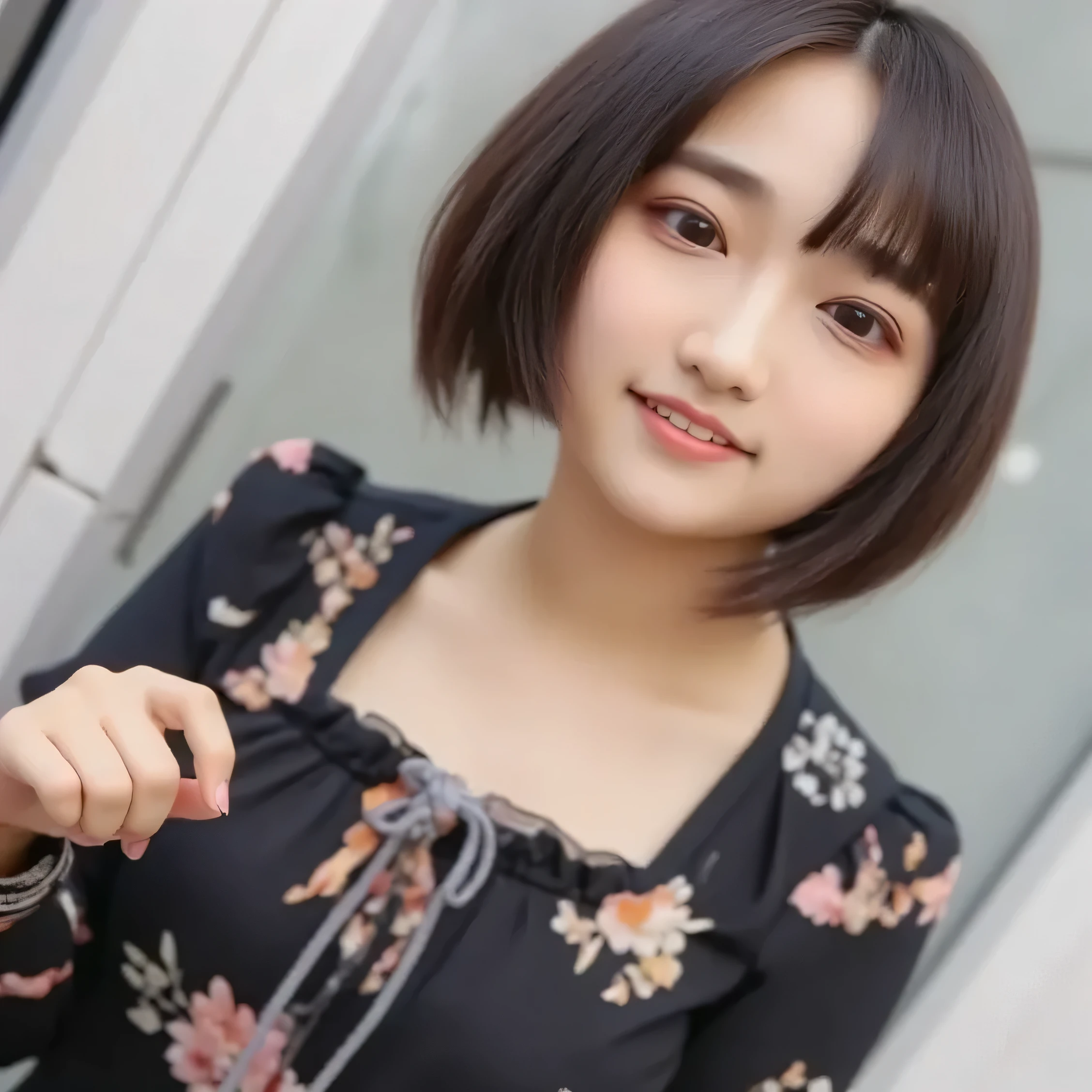 young woman、Black Hair、、Short Haircut、ear piercing、Necklace around the neck、blouse、Emphasize the chest、smile、Intricate details, Very detailed:1.2), 、hair band、 Looking into the camera、The background is the office

