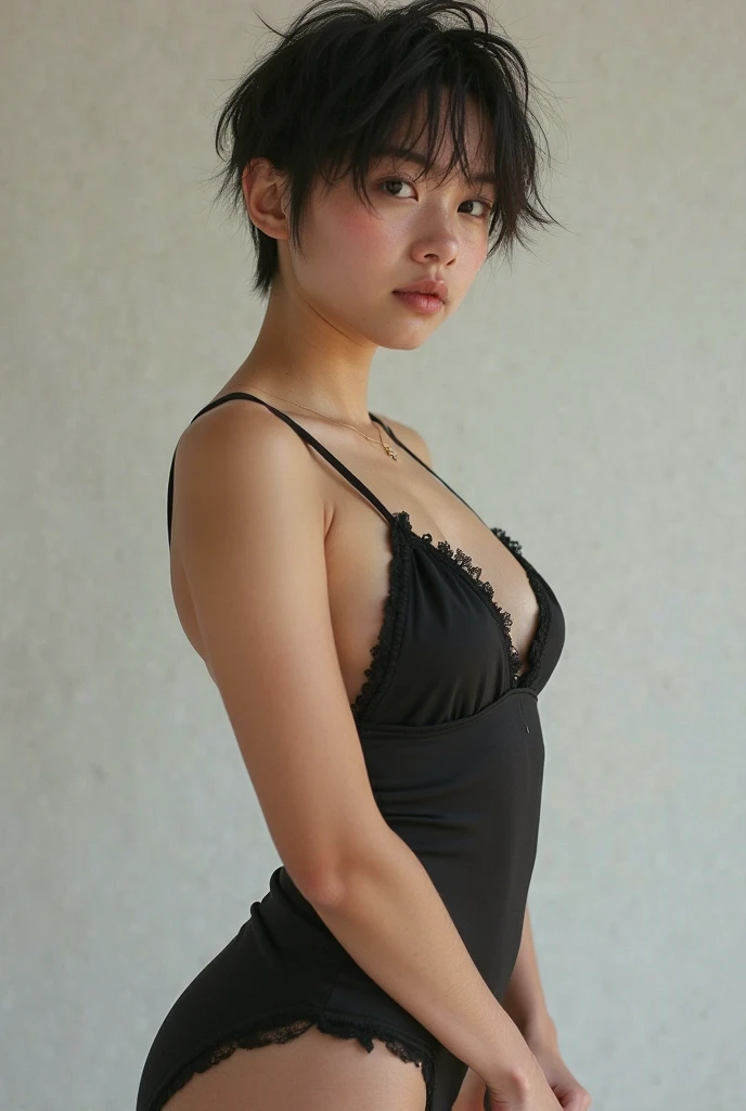 (photorealism:1.2), beautiful woman, dark medium black hair, indoors, soft lighting, stannding, plants in background, window with sunlight, cozy room, relaxed pose, realistic, intricate details, warm colors, skinny, small woman wearing black terry cloth short shorts , beautiful nude breast, face, 18 years old, realistic, hdr, canon shot, beautiful face, full body