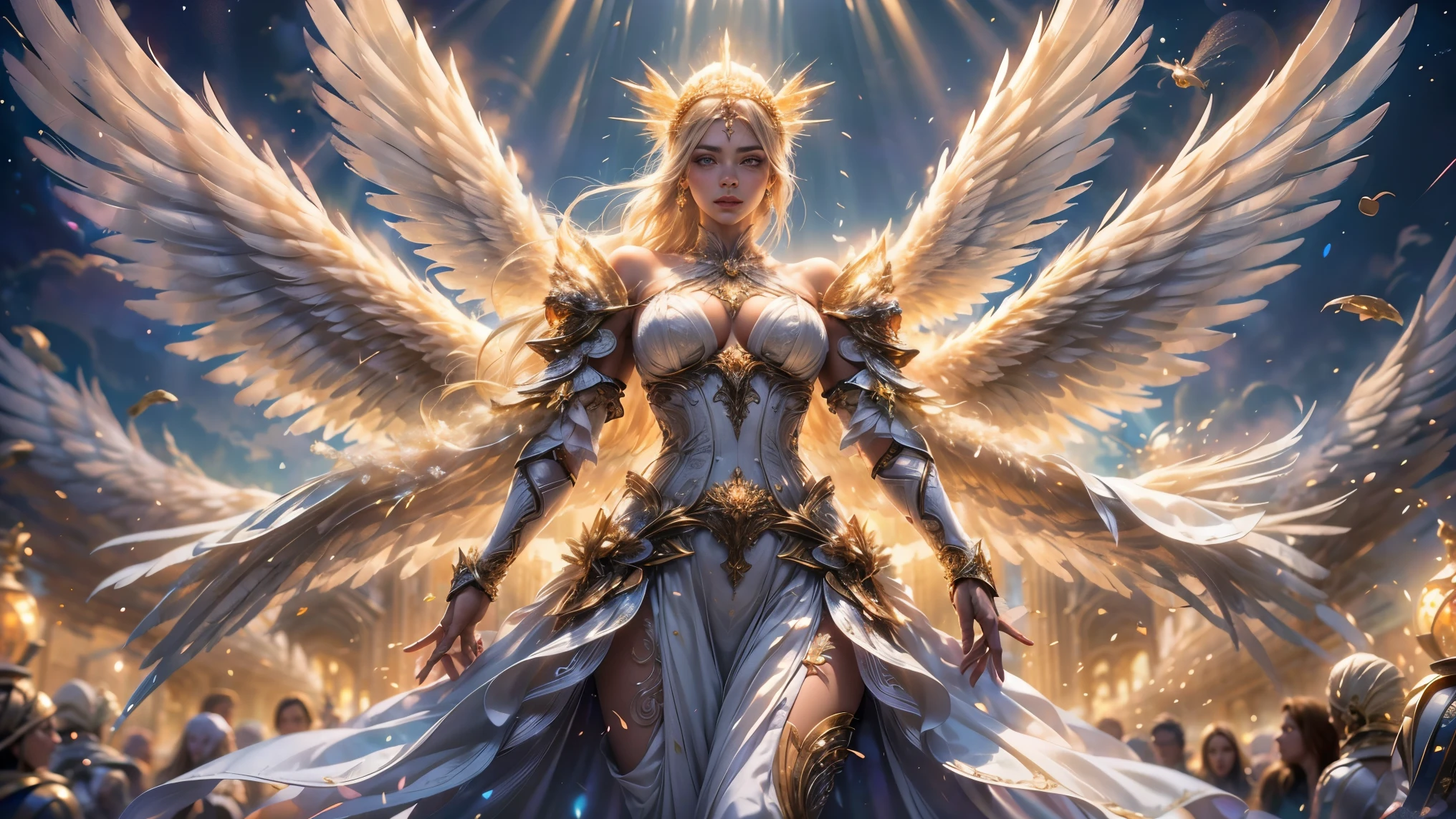 from the front, Look directly at the viewer, From above:1.2, Beautiful angel, A kind smile,, blonde, A pure goddess with sleeves that hide her breasts々dress, Bright light from behind, Angel wings on the back, Luminous space background, Prayer-like pose, Realistic