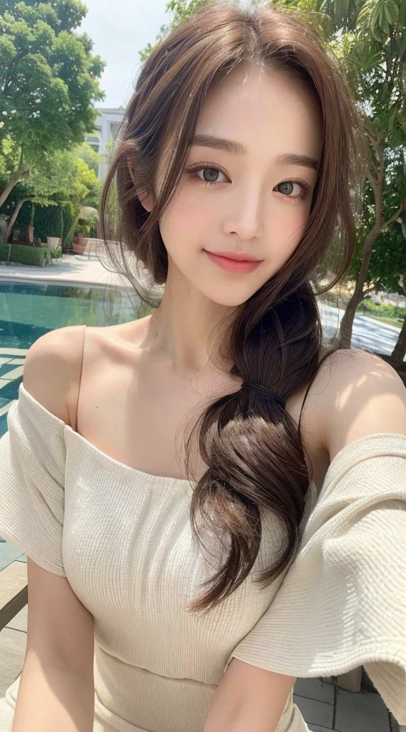 Highest quality、masterpiece、Tabletop、RAW Photos、Film Grain、High resolution、Very detailed、break、One Woman、、Cute Face、Brown Hair、Straight hair、Semi-long hair、White camisole、Light blueＴshirt、Small breasts、break、Outdoor、Summer Park、erupt