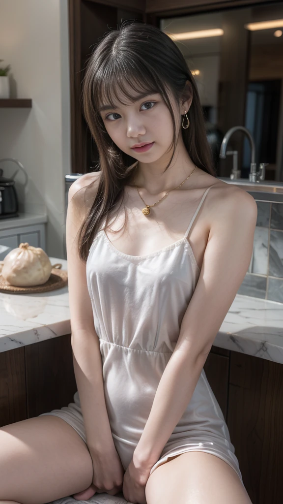 highest quality,Photo quality,Ultra-high resolution,Professional Lighting,14 years old,Beautiful face 、Amazingly cute、(((裸エプロン)))、ブラジャーが透けて見えている、キッチン、