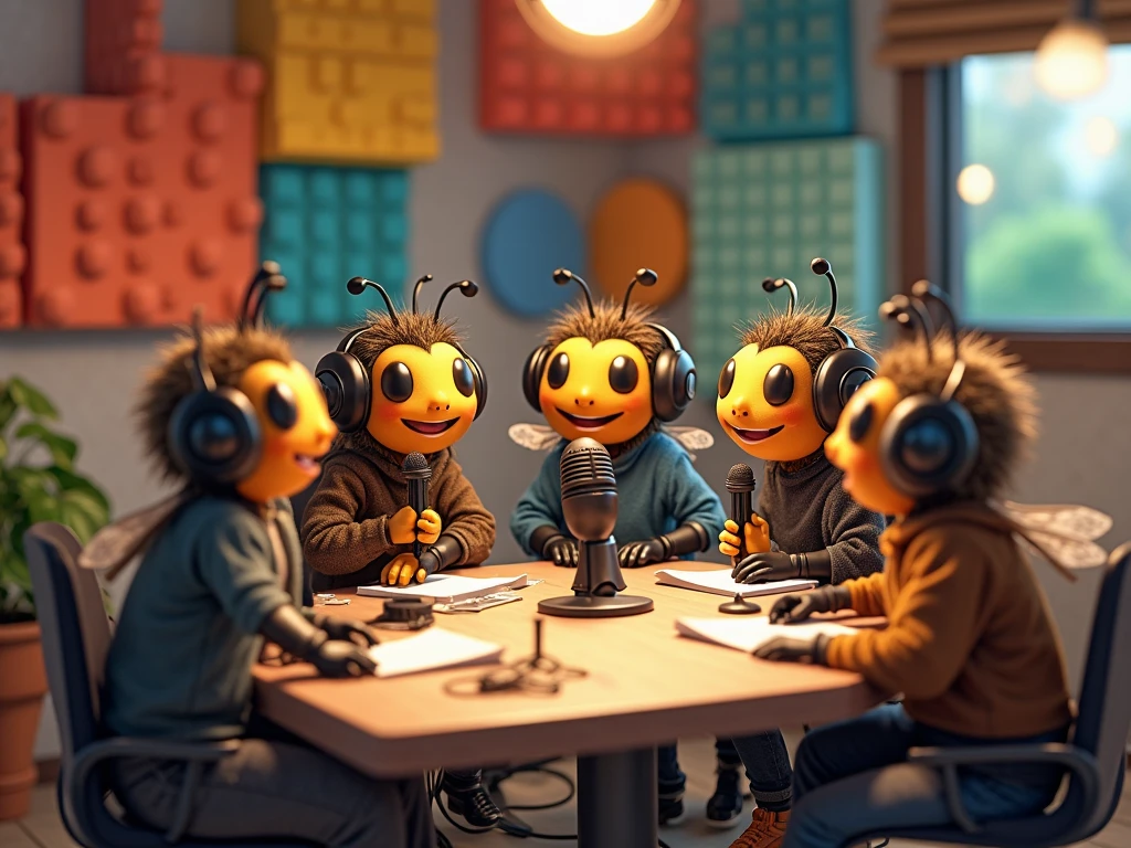 Ants using headphones and karaoke mic in a circle