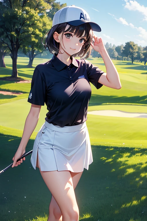 golf uniform, shorts, absurdres, RAW photo, extremely delicate and beautiful, masterpiece, Best Quality, ultra high resolution, 32k, hyperrealistic, ultra-detailed, detailed description, pale skin, 20 years old, tearful mole, earring, big tits, short medium hair, wavy hair, whole body shot,