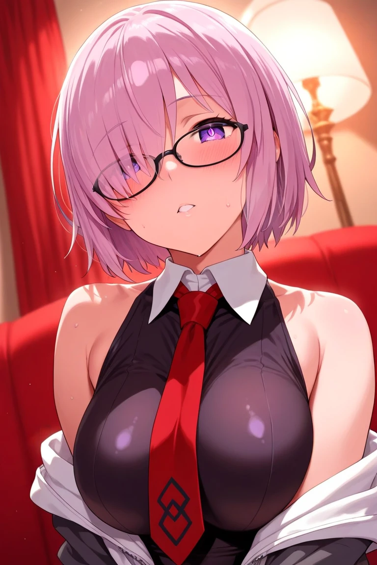 hyper detailed illustration、Ultra-precise expression、masterpiece、top-quality、超A high resolution、high-level image quality、Rei Ayanami、 ((Ahe-face、AHE Face、Ahegao、Sigh))、hanging breasted、(erectile nipple 、perspiring、bodily fluids:1.5)、(Hands behind the head、flank、armpits hair)、(sleep、with spreading legs、raise her legs、SEX、vaginal)、male people、penises、cum on、convulsion、(Mash Kyrielight、eye glass、hairs between eyes、Hair above one eye、(Purple Eye:1.1)、A pink-haired、short-hair、hoods、The shirt、shirt with collar、White placket、Black shirt、neck tie、Red tie、Sleeveless、off shoulders、)